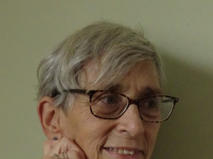 A portrait of a white women on a green background. The woman has short grey hair, is wearing dark rimmed glasses, a blue and white patterned shirt and is smiling slightly.