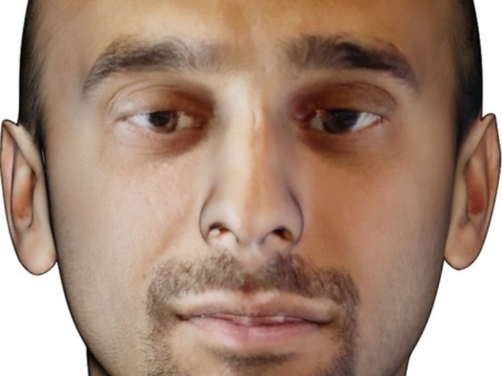 A digital replica style image of a person with brown eyes, hair and facial hair on a white background.