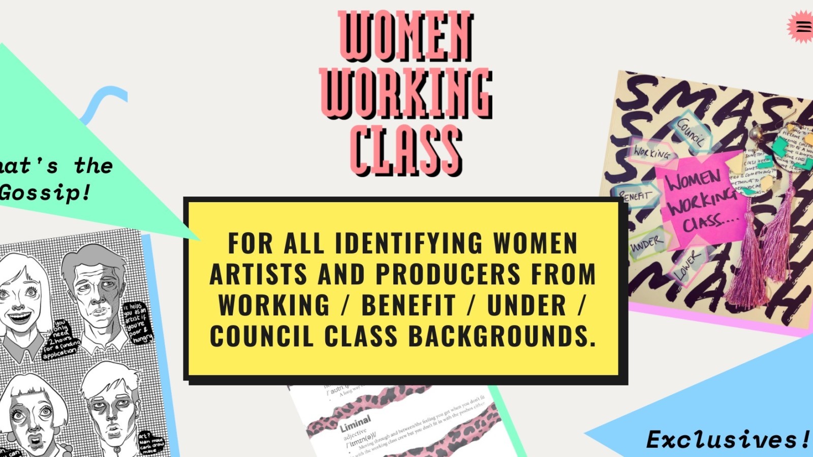 A collage of brightly coloured shapes with text saying "Women Working Class"