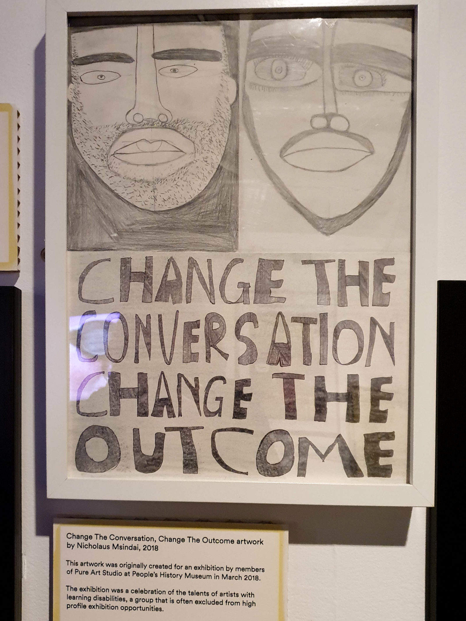 A pencil drawing of two faces with hand drawn bold text reading 'Change the conversation change the outcome'