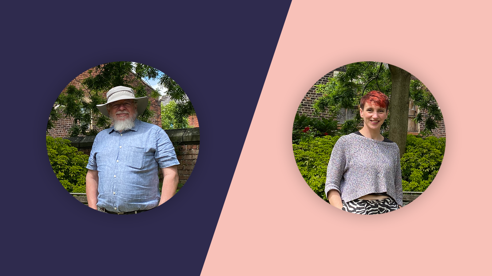 Left hand side: A photo of Hugh Wareing set against a purple background. Hugh is a smiley man in his 70. Right hand side: photo of Lou Chapelle set against a pink background. Lou is in her 30s, with short hair and a friendly face.