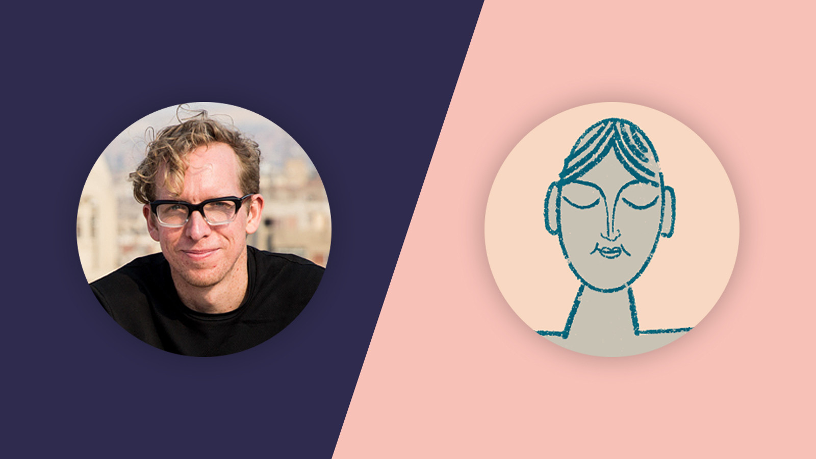 A rectangle half Navy blue (left) and half pink (right). On the left hand side is a photo of Andy Field and on the right is an illustration of a face.