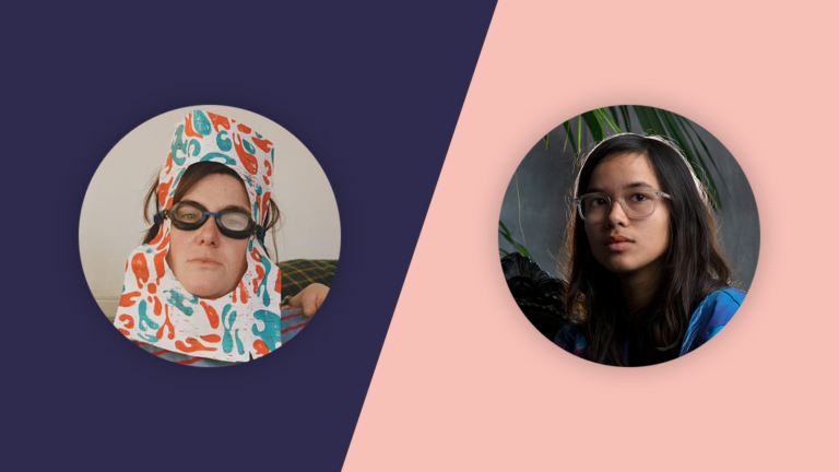 A rectangle half purple (left) and half pink (right). On the left hand side is a photo of Amy Pennington and on the right is a photo of Pippa Sterk