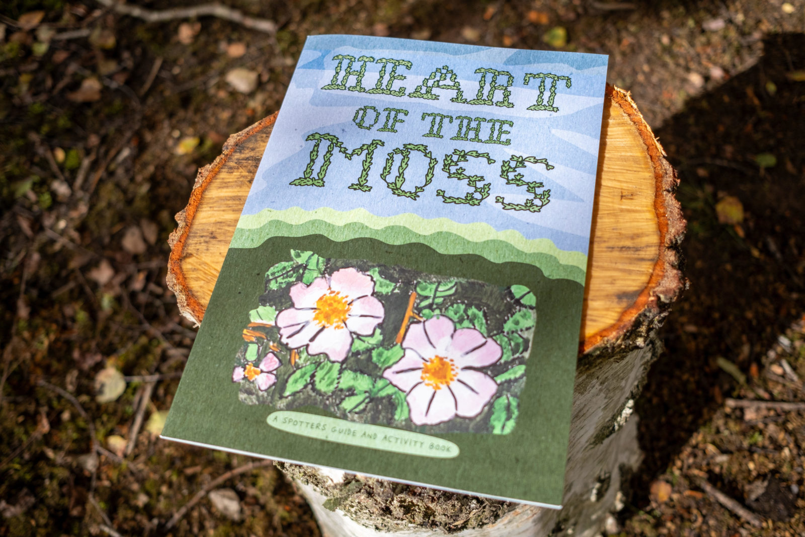Photograph of an activity book with floral illustrations on the front, entitled Heart of the Moss