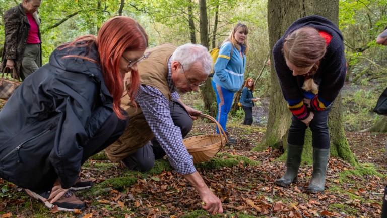 A group of people are wandering through the forest foraging for mushrooms, mushroom expert Tom Ferguson holds a basket in one hand.