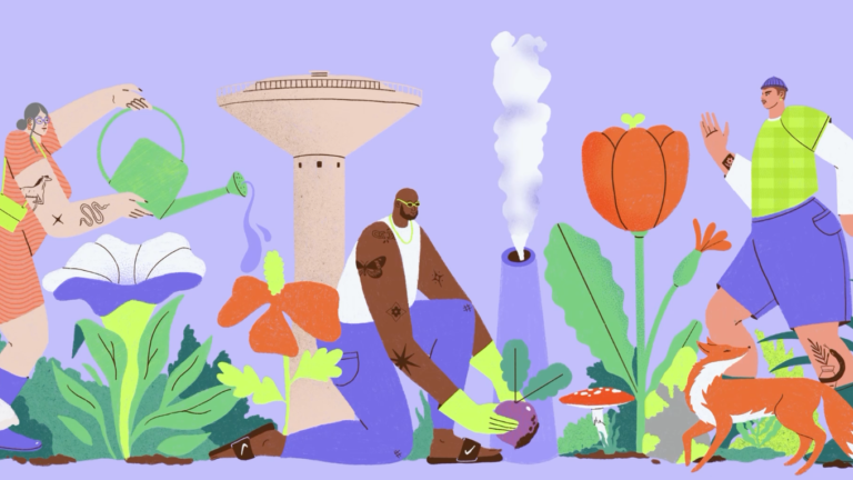 Illustration of people watering flowers, mushrooms