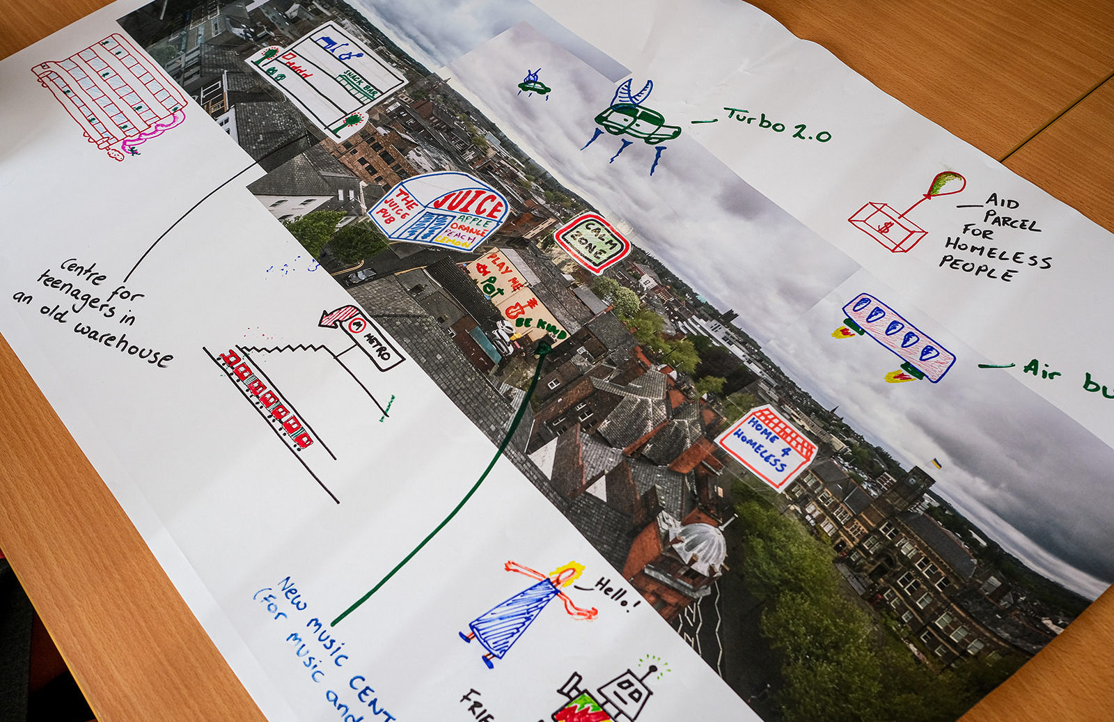 A panoramic photograph of St Helens is illustrated with ideas on how to improve the town.