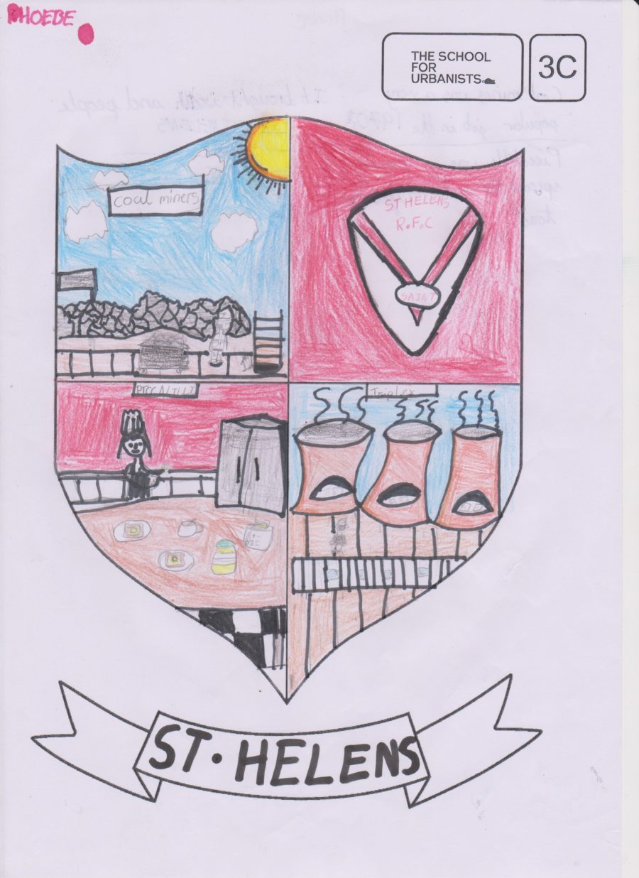 A black outline of a crest with 4 colourful sections in coloured pencil. The sections have drawings of coal miners, Saints rugby club crest, piccalilli and Triplex.