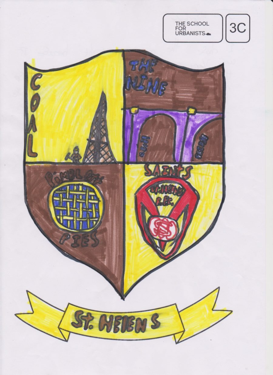 A black outline of a crest shape with 4 sections in brown and yellow felt pen. I the sections are drawings of coal, Pimlett's Pies, Saints rugby club crest and a bridge.