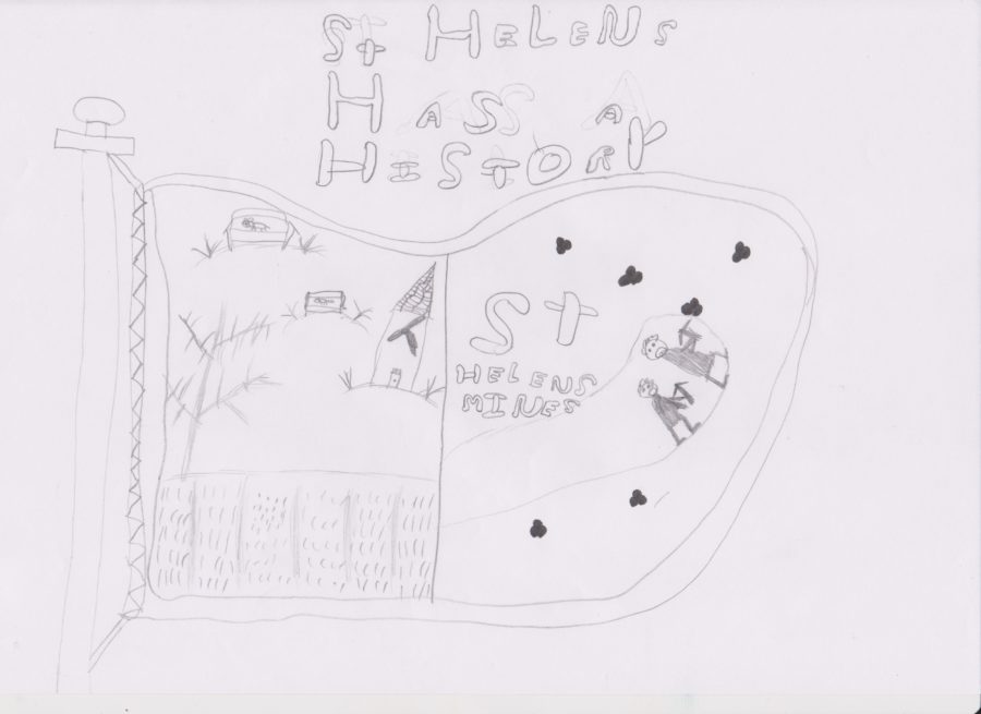 A pencil drawing of a flag with the words 'St Helens has History' in bubble writing. In the flag there are two sections. One section shows a drawing of miners in a mine shaft the other is a drawing of a park with a clock tower.