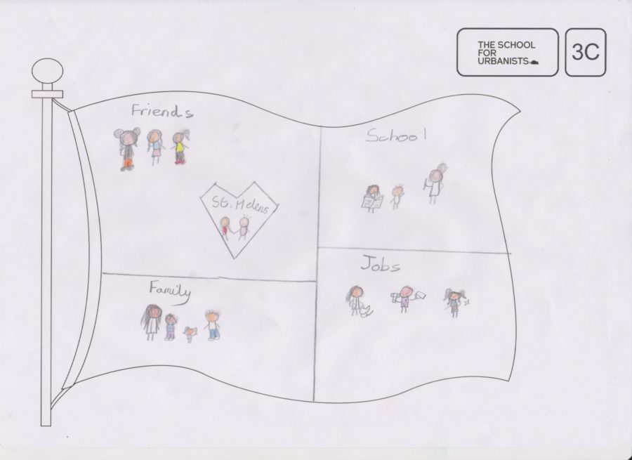 A pencil drawing of a flag with four sections. In each section are drawings of people and a word; family, friends, school and jobs. In the friends section there is a heart shape with the words St Helens.