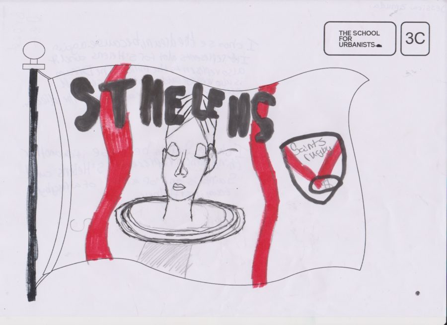 A drawing of a flag with the words St Helens in large black bubble writing, a drawing of The Dream statue and the St Helens RFC Crest.