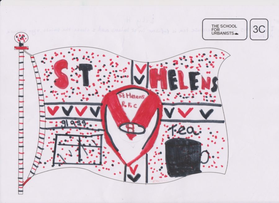 A drawing of a flag in black and red felt tip pen. The flag has the St Helens RFC crest in the centre and four sections. The top two section read St Helens and the bottom two section have the words glass and tea in them.