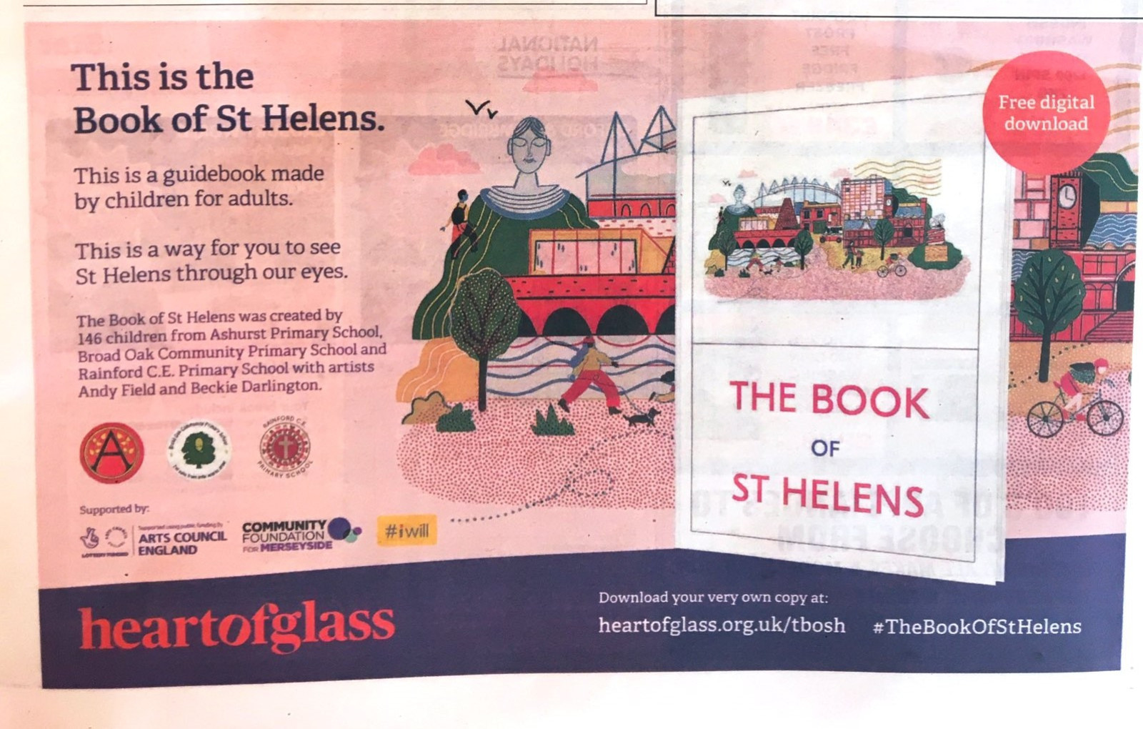 A picture of an advertisement for the free download of the book of St Helens.