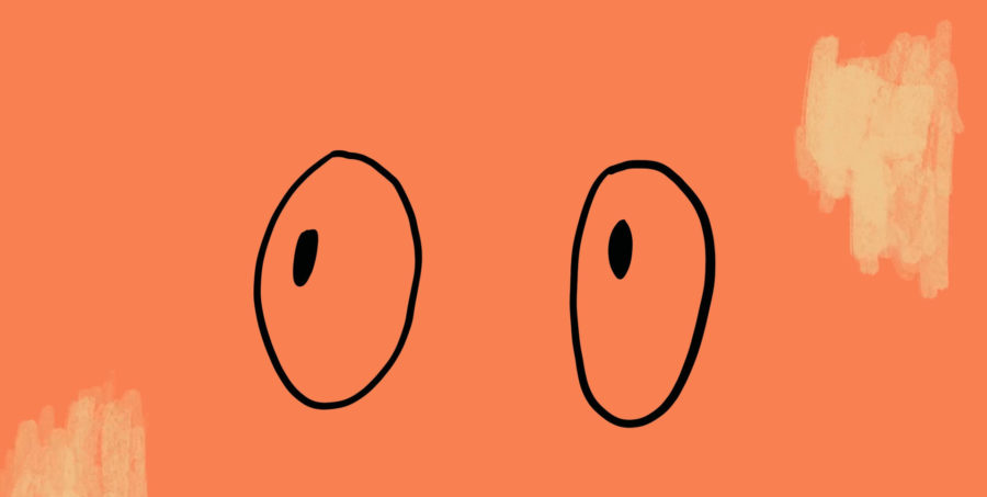 On a peach background a black line drawing of large pair of eyes look up to the top, left corner.