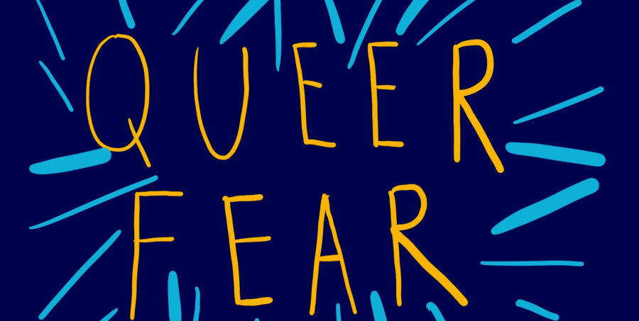The words 'QUEER FEAR' in yellow capital letters on a dark blue background with light blue lines surrounding the text.