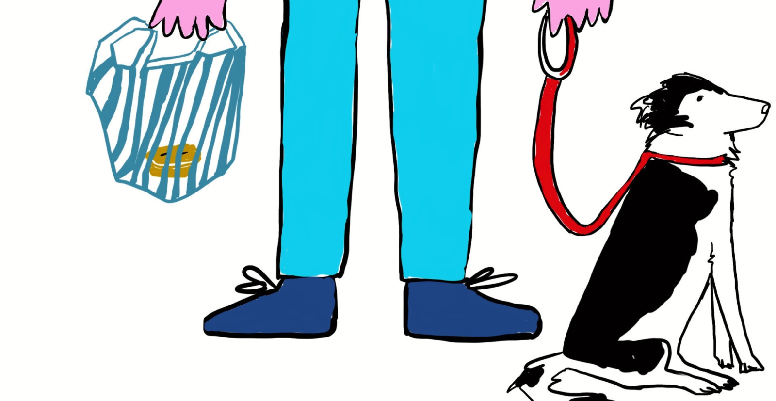 An illustration of the bottom half of a person wearing bright turquoise trousers with dark blue shoes. In their right hand they hold a blue and white striped shopping bag. In their left hand they hold a red lead, which is attached to a black and white dog. At the bottom of the image is a line of text which says: ‘On reflection, I was probably creepy as hell’