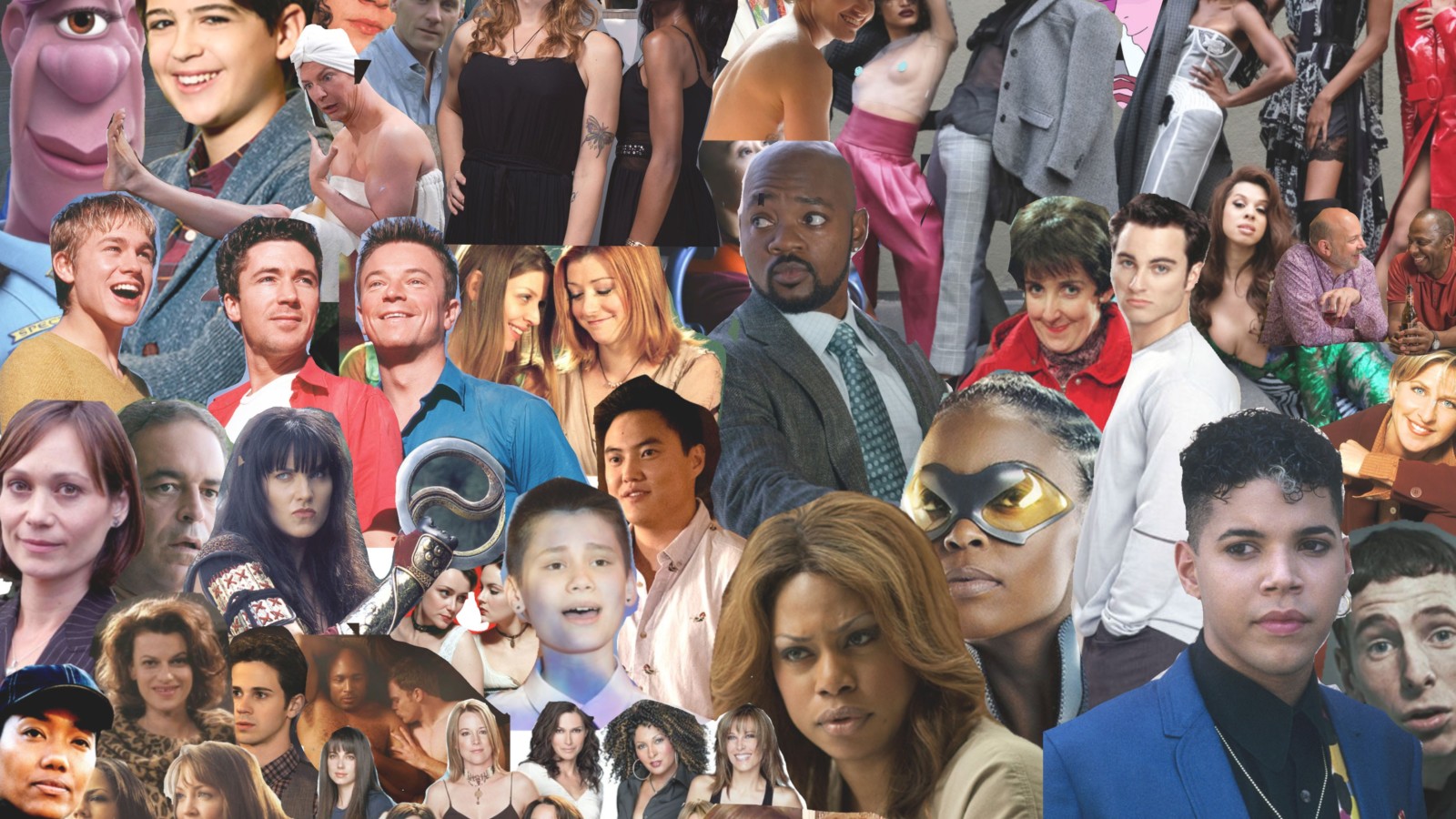 A collage of famous people, TV an film characters.