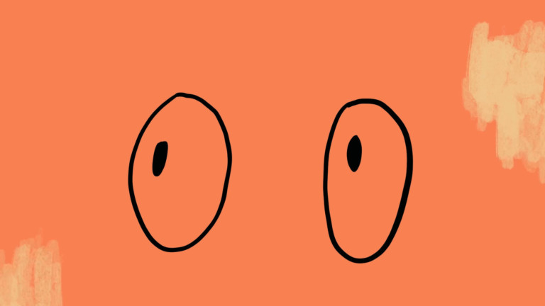 On a peach background a black line drawing of large pair of eyes look up to the top, left corner.