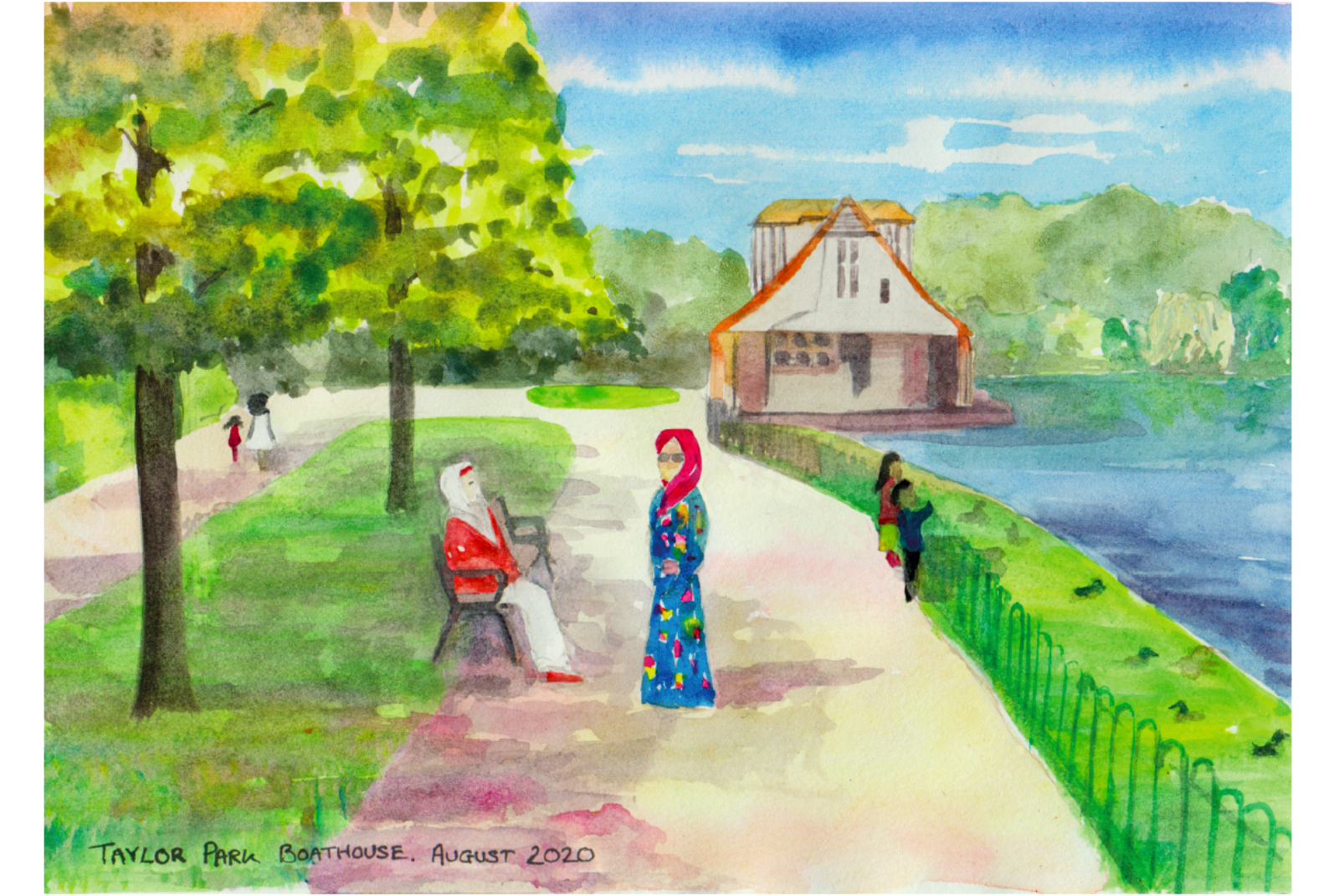 A watercolour painting of two people in a park next to a lake.