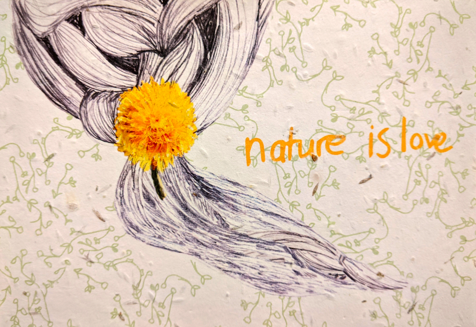 A black line drawing of some plaited hair with a yellow flower in. The words 'nature is love' in yellow text, all on a green patterned background.