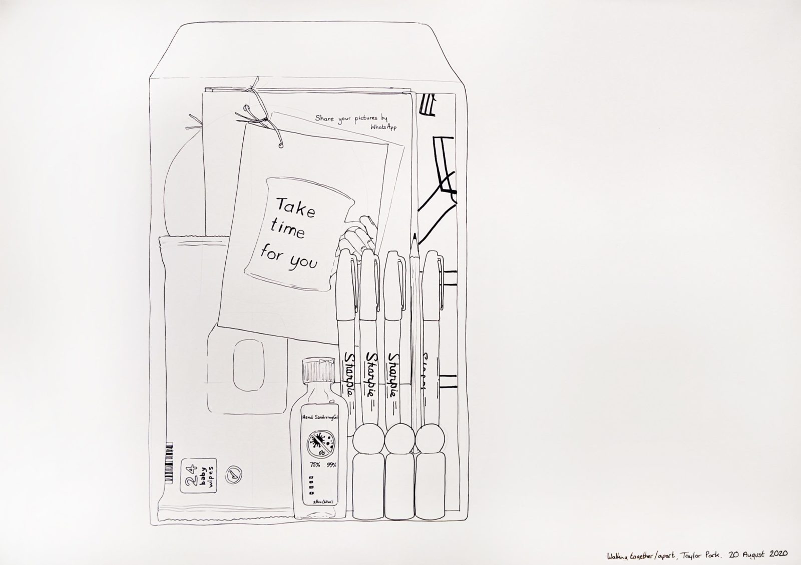 A black and white line drawing of an envelope with pens, wipes, hand sanitizer among other items.