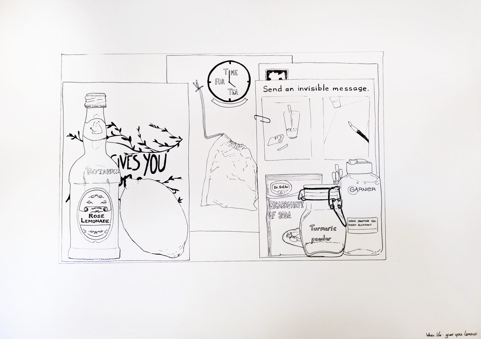A black and white line drawing of envelopes holding a bottle of rose lemonade, lemons, bicarbonate of soda, turmeric and other items.