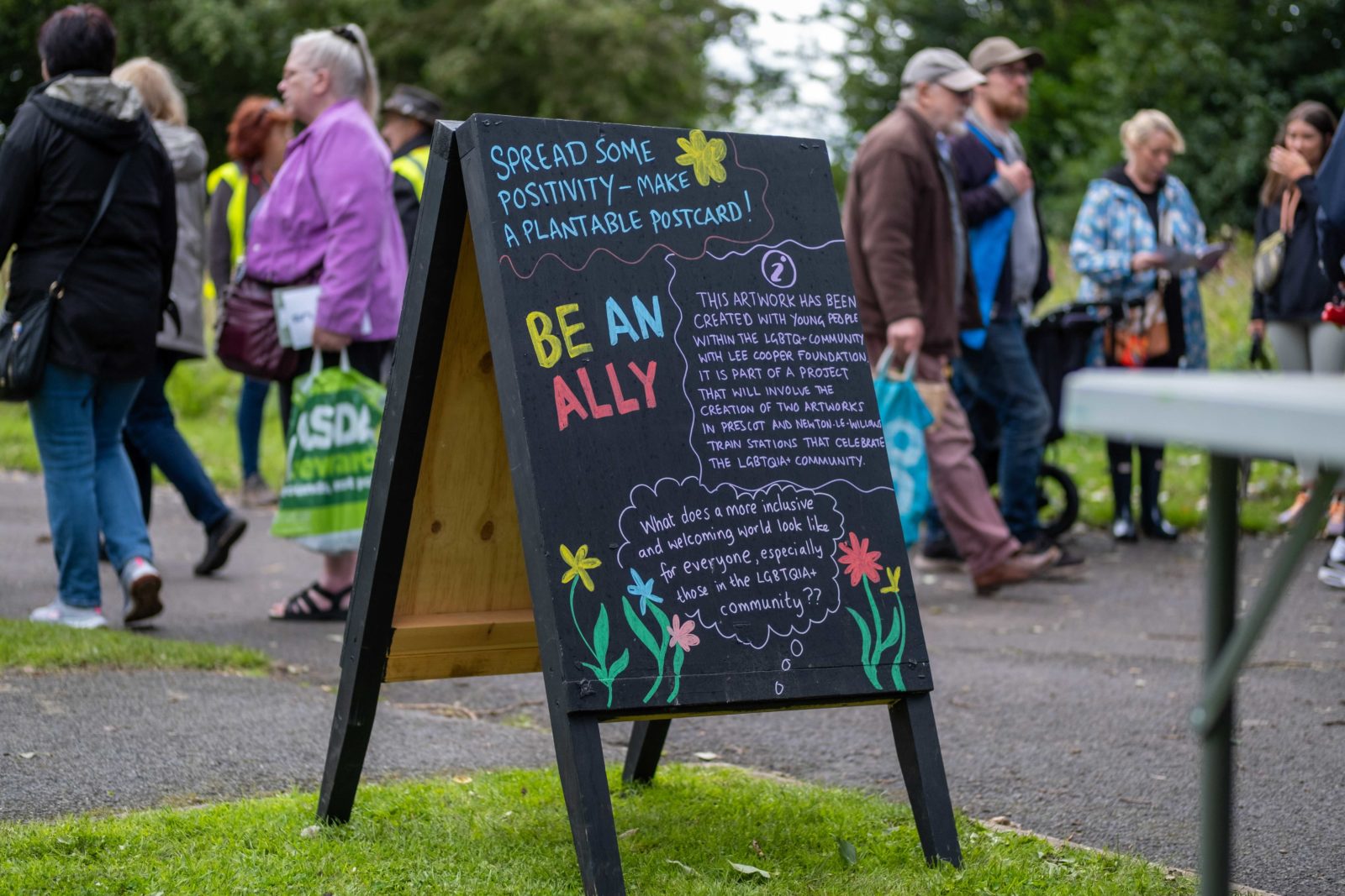 An A board that reads 'Be an Ally' is photographed, and a background about the Queer Eutopia is written on it.