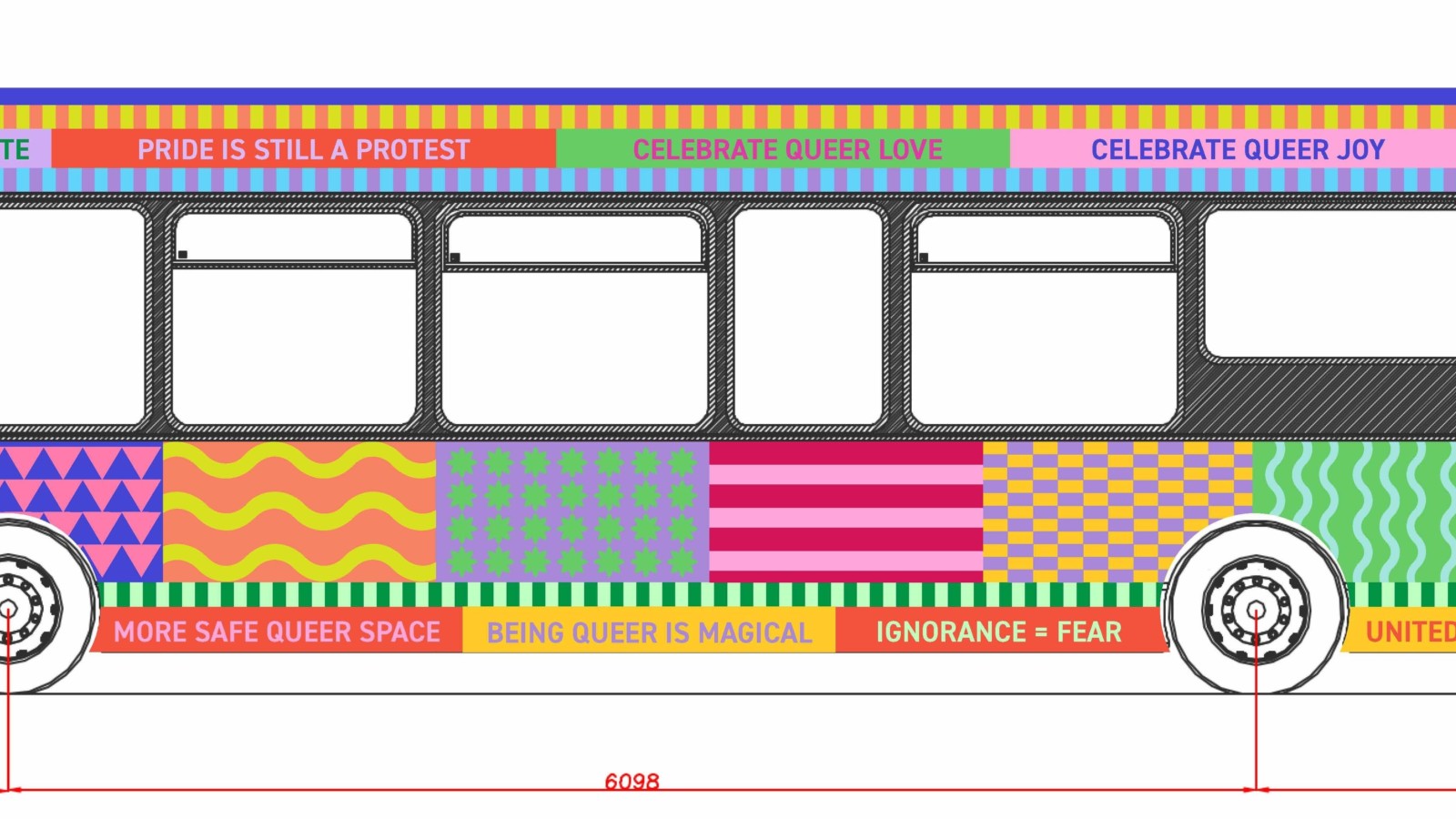 A design for a single storey bus covered in bright bold graphics and positive LGBTQ+ statements such as "Queer Joy"