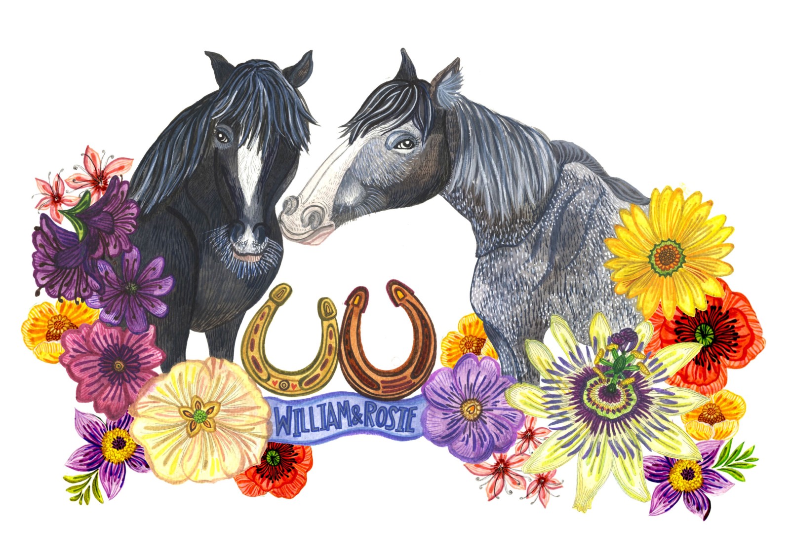 A drawing of a black horse and a grey horse with a banner of flowers and two horseshoes underneath.