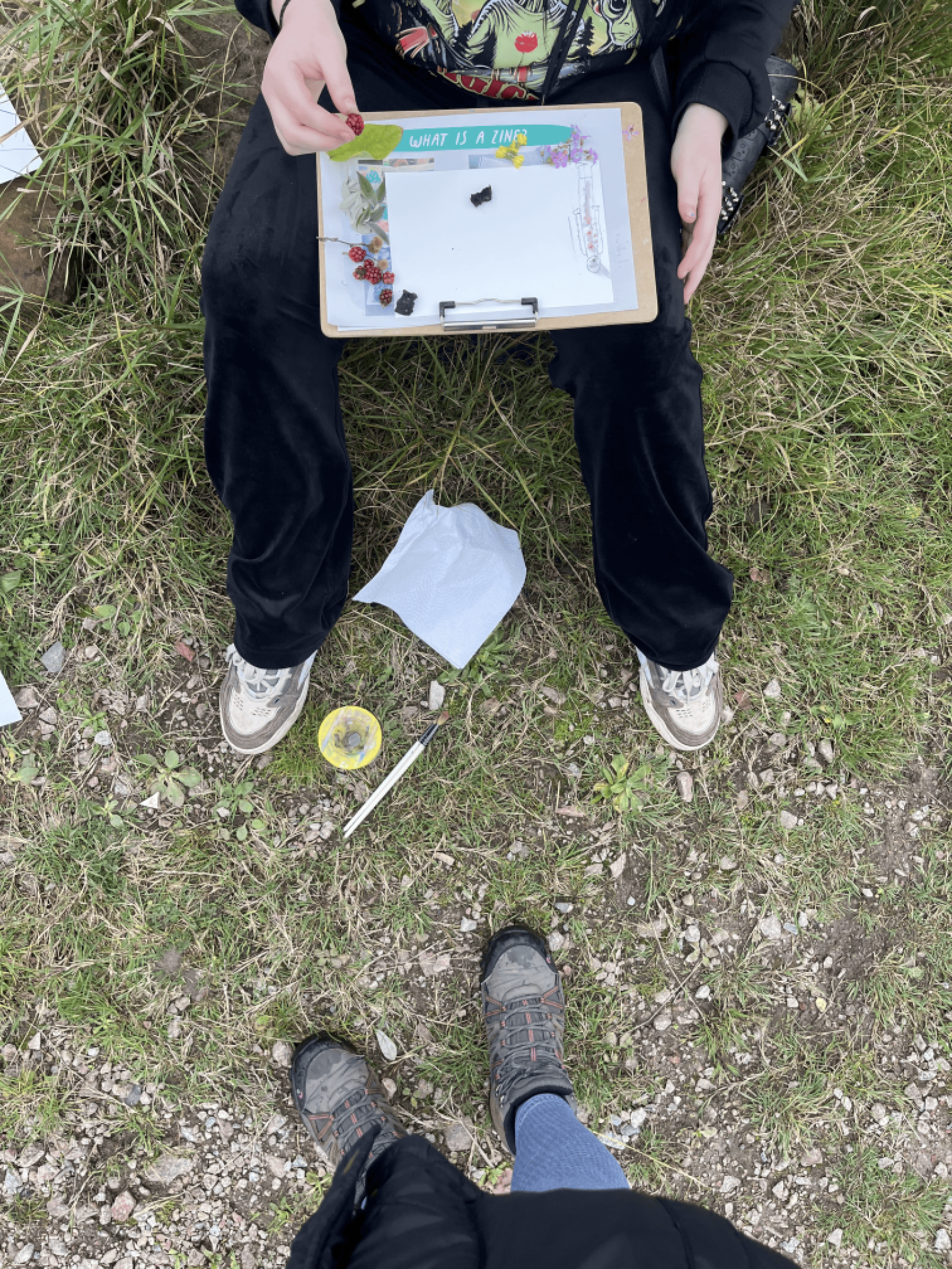 A person sits on a patch of grass with a clipboard on their knees. A piece of paper on the clipboard reads 'What is a zine?'. On top of the paper are raspberries and greenery.