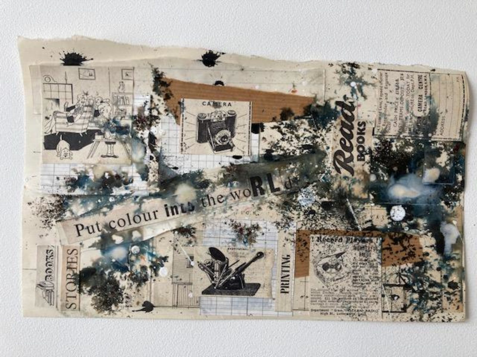 Mixed media piece on a torn sheet of paper, made up of collage, illustration, lettering and ink.