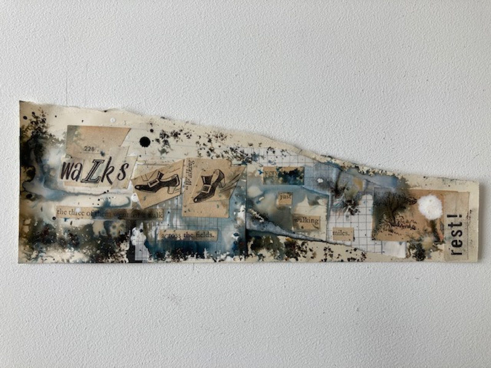 Mixed media piece on a torn sheet of paper, made up of collage, illustration, lettering and ink.