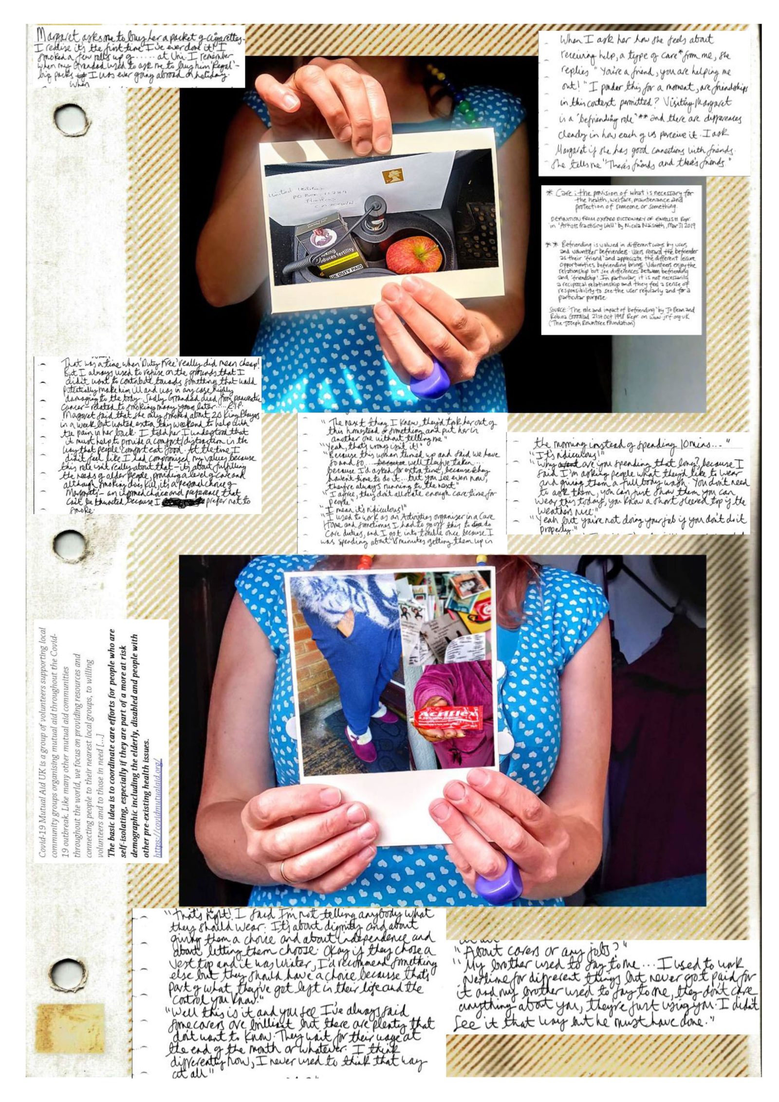 Two hands are clasped around a photograph of a shopping bag full of food and another of an empty pot of margarine. The hands belong to someone in a bright blue dress. Around the images are handwritten messages.