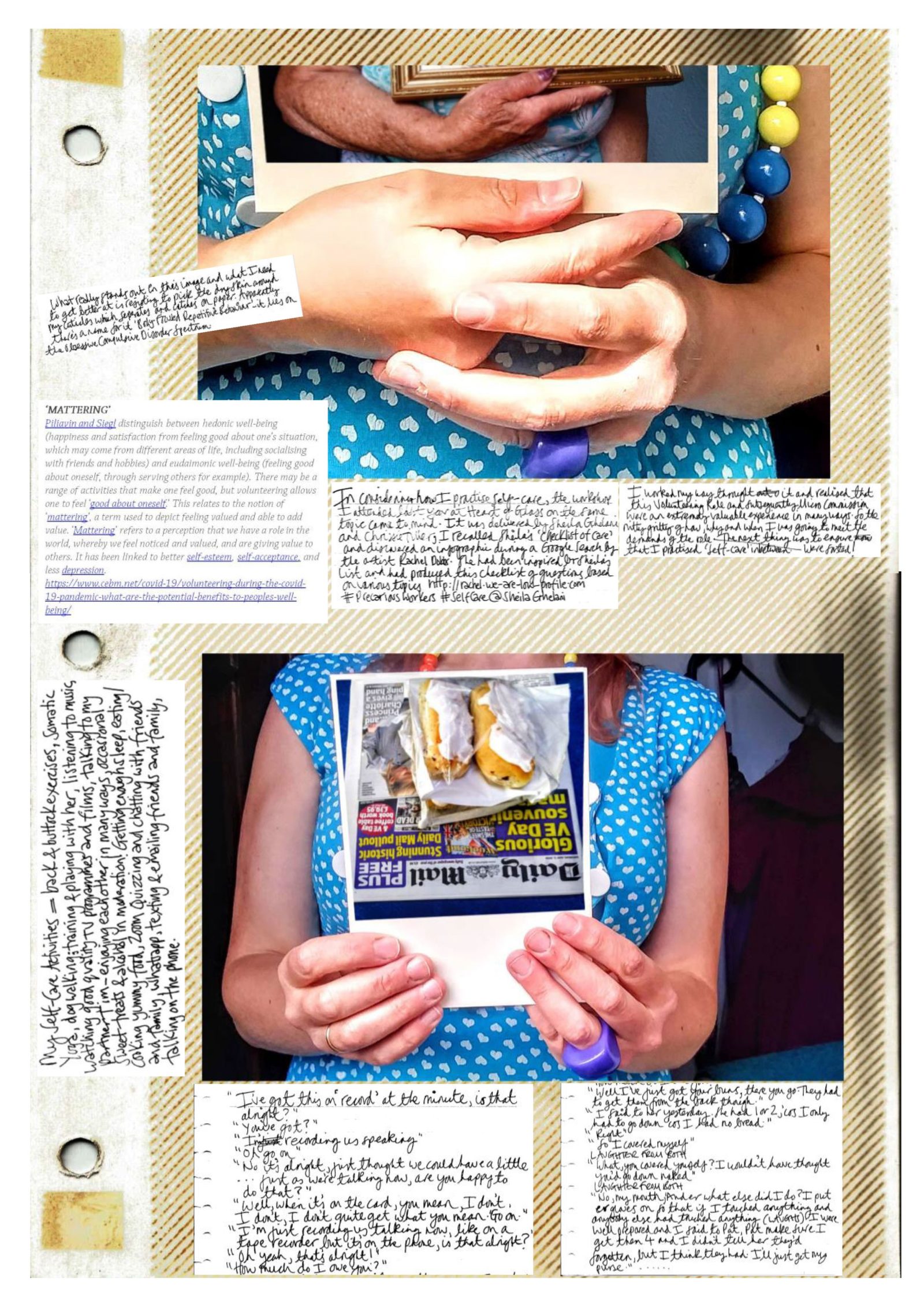 Two hands are clasped around a photograph of a cat sitting on a patio next to the bottom half of a pair of legs and another of a person feeding a cat. The hands belong to someone in a bright blue dress. Around the images are handwritten messages.