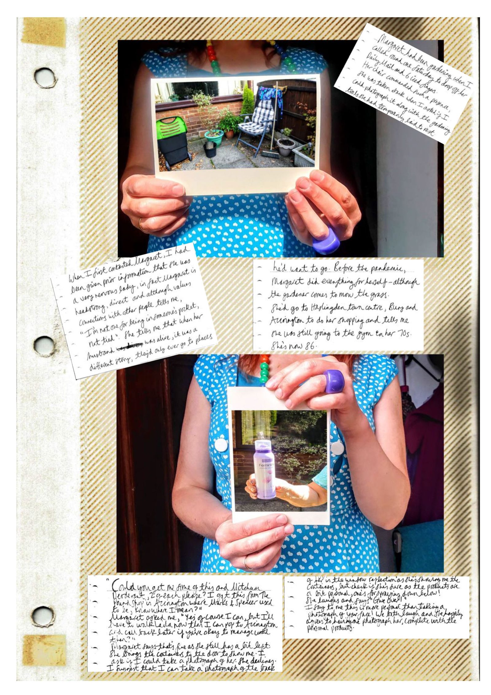 Scrapbook of notes and photos of a persons upper body holding photographs of things around their house.