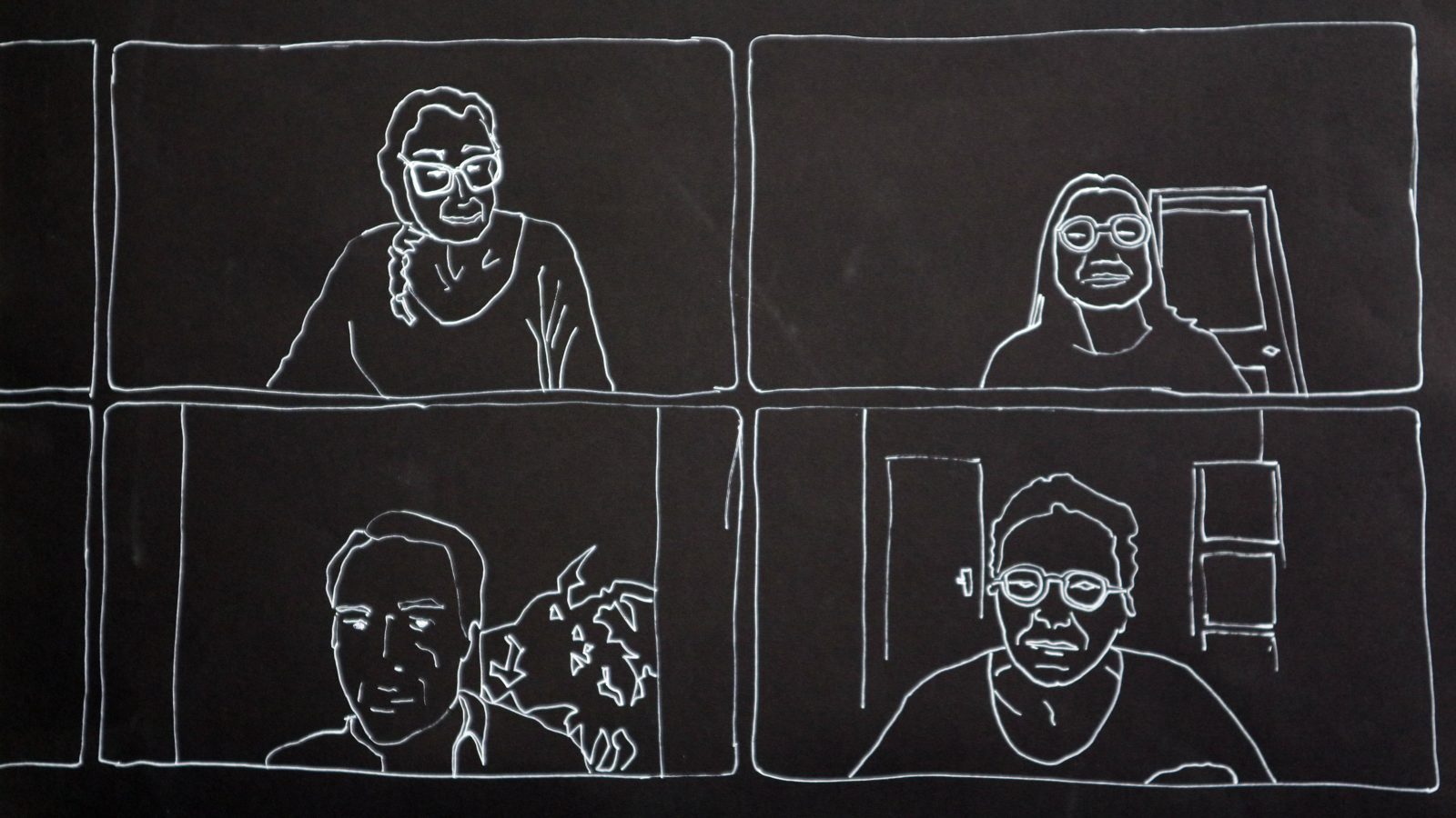 4 white line drawings on a black background of people's head and shoulder in a rectangle.