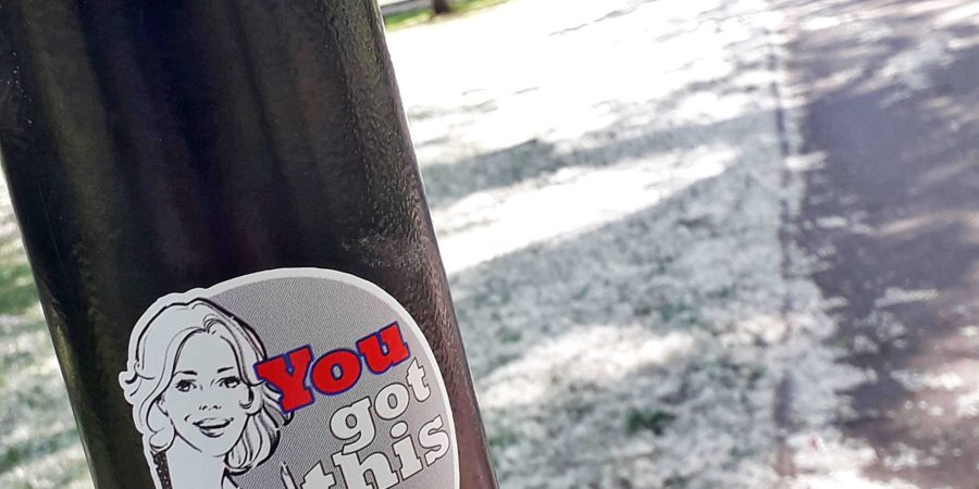 Photograph of a sticker on a lamppost reading 'you got this, one day at a time' on it, with an illustration of a woman peering into the frame of the sticker.