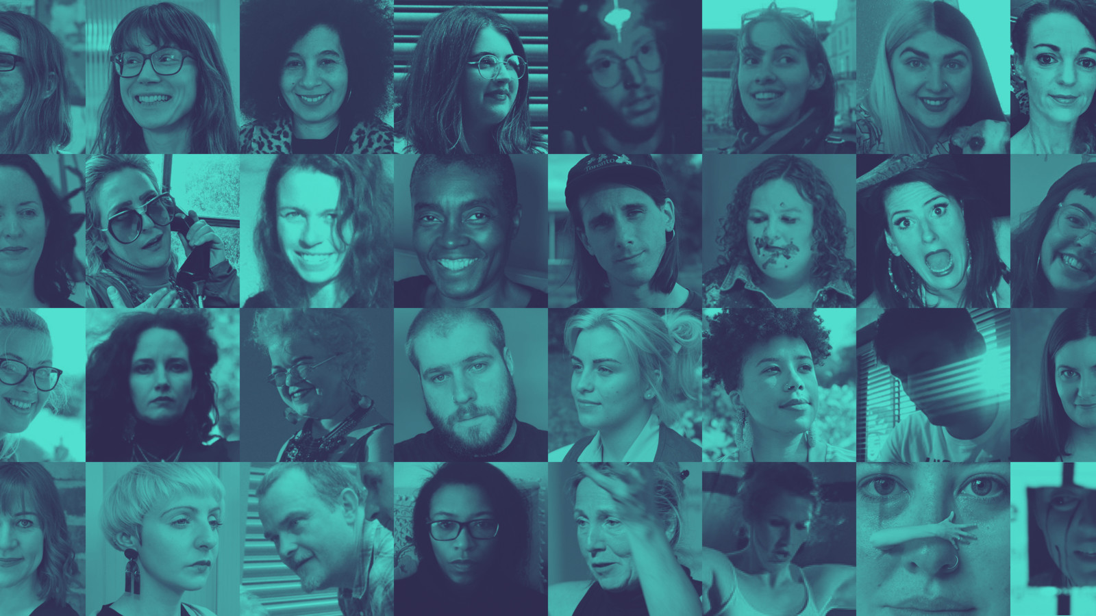 A turquoise and navy blue duotone collage of headshots of the 32 artists who participated in Homework.