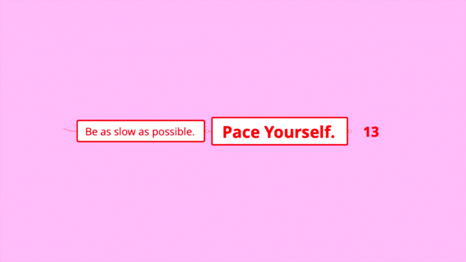 A light pink background with the words 'Be as slow as possible, Pace yourself' in bright red in white boxes with red borders. The number '13' is on the right at the end of the sentence.