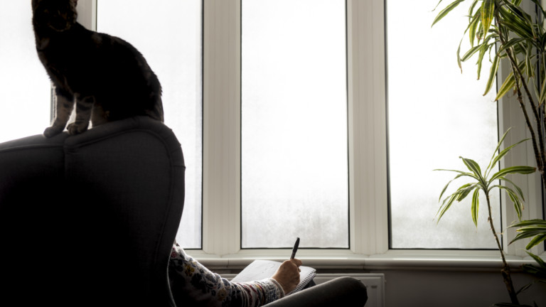 A elderly woman sits in an arm chair facing a window. She is drawing on a piece of paper.||The image shows a silhouette of an armchair facing a window and with a cat sat on the back of the chair. In the chair sits an elderly person holding a pen and drawing on paper.