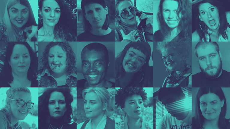 A mosaic of headshots to represent the Home Work Artists. There are thirty faces in monochrome, shades of green.