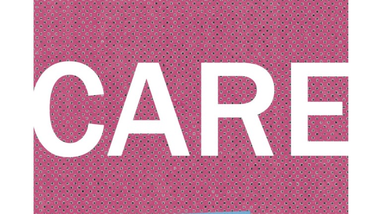 Front page of Take Care zine. A pink background with the words 'Take Care' in white letters and the name 'Kelly Green' on a blue rectangle.