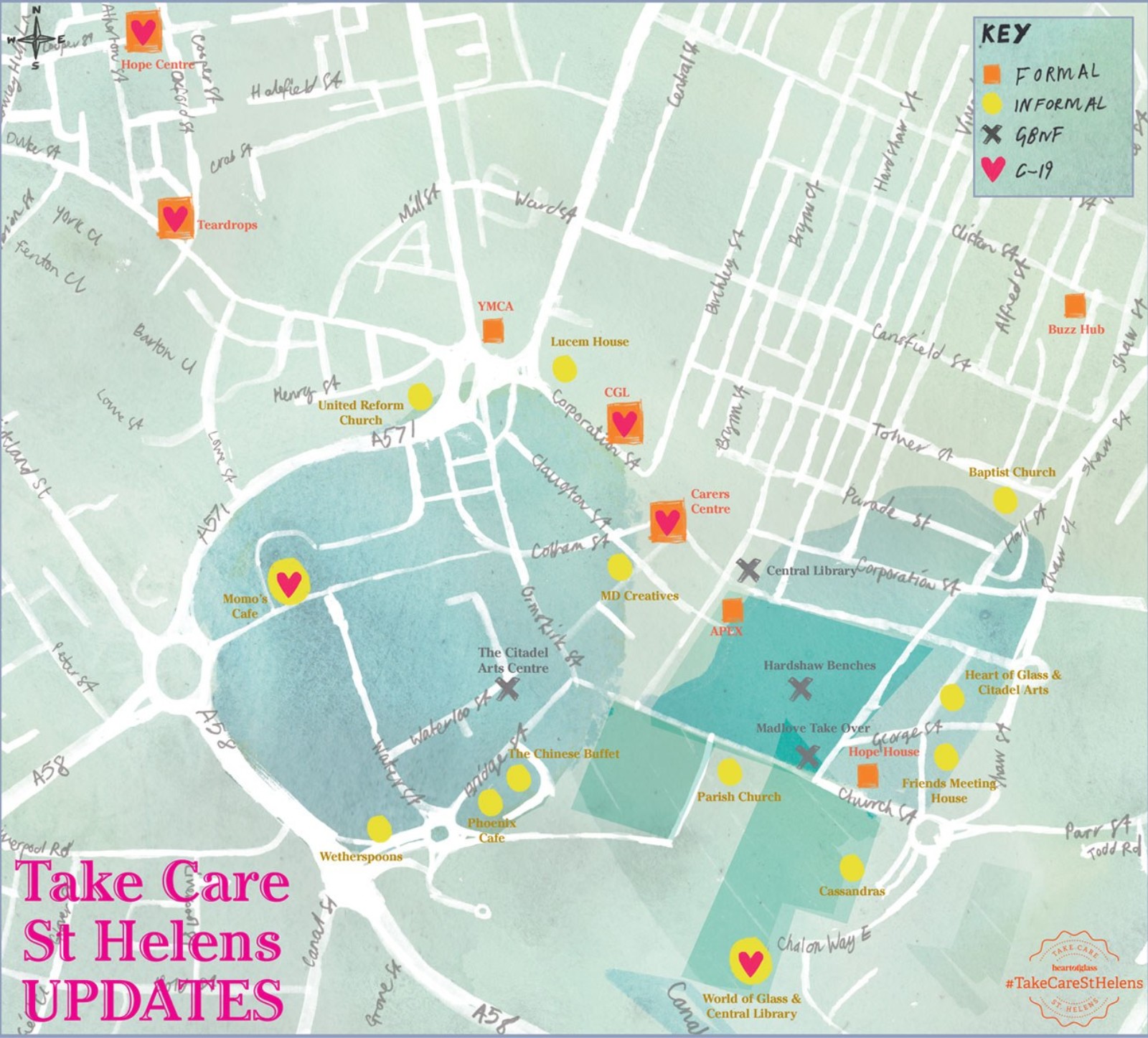 A watercolour painted map of St Helens with the words 'Take Care St Helens Updates' written in pink lettering on the bottom left corner.