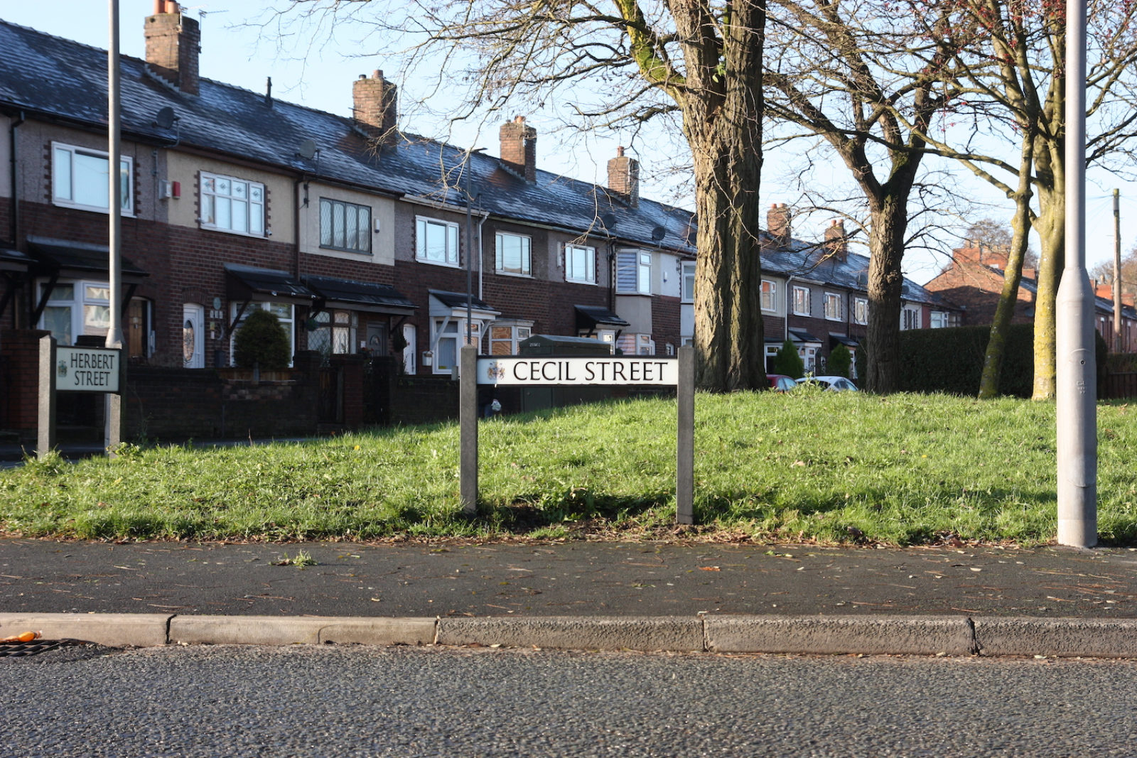Photo of 'Cecil Street' Sign, it is in front of a patch of grass with trees on it and behind it is a row of terraced houses.