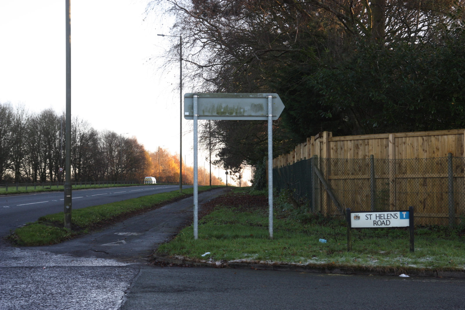 St Helens road sign stands on the side of a dual carriageway