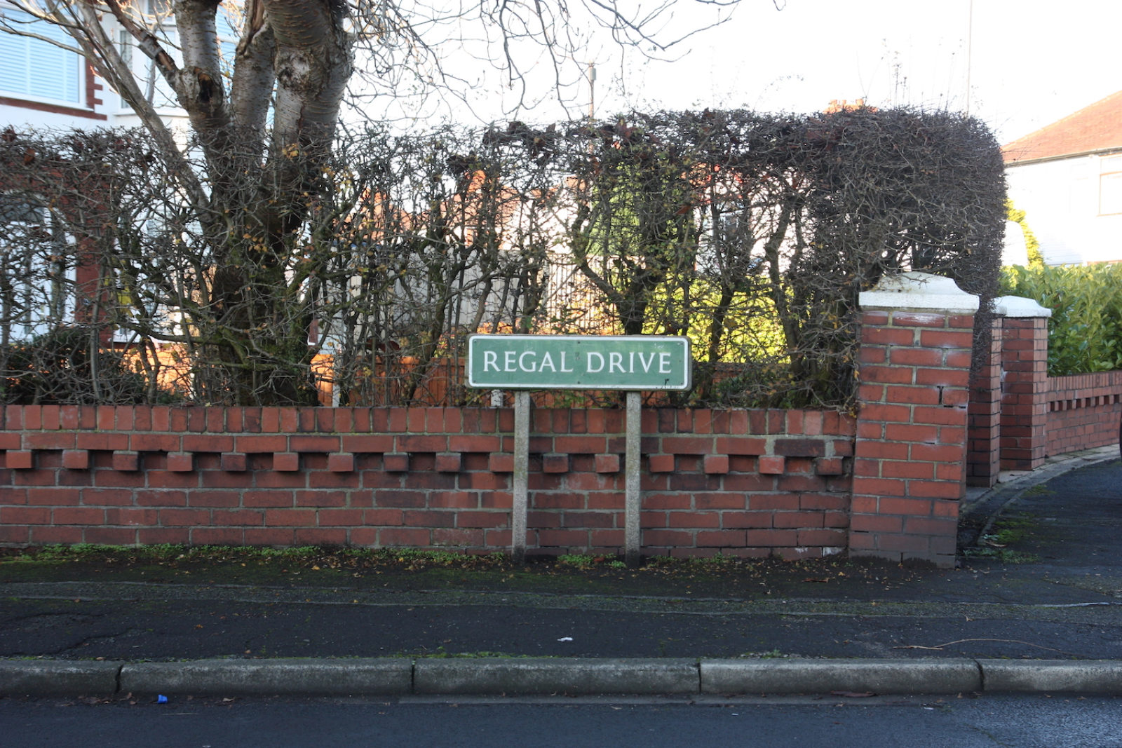 Regal Drive street sign is dark green with white letters and stands in front of a short red brick wall and a patchy hedge.