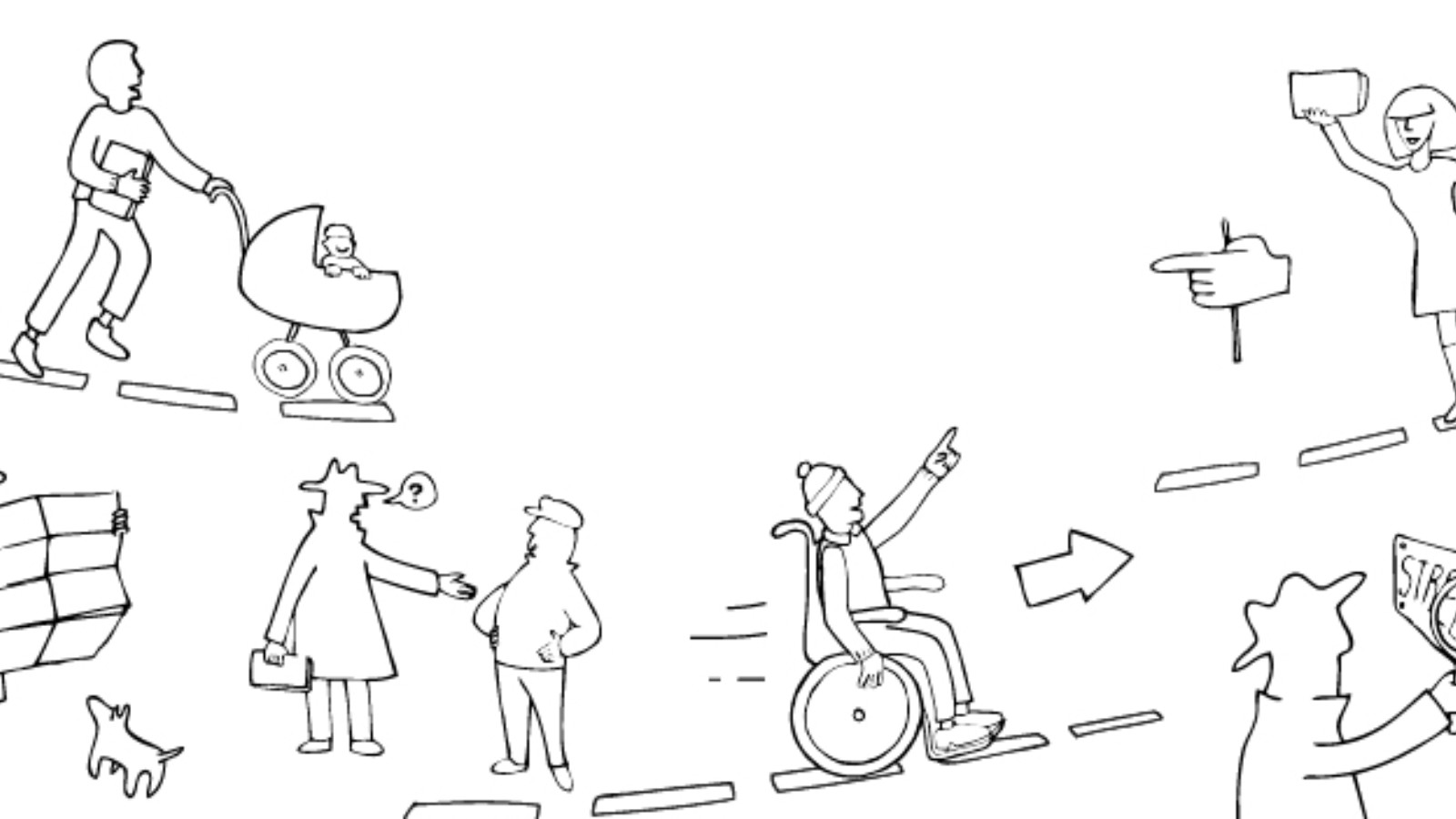 Line Illustrations of people doing different things on a white background. One pushes a pram past a sign for St Helens, one reads a map, one holds a magnifying glass up to a street sign, one has a conversation with somebody and one is in a wheelchair travelling down a street.
