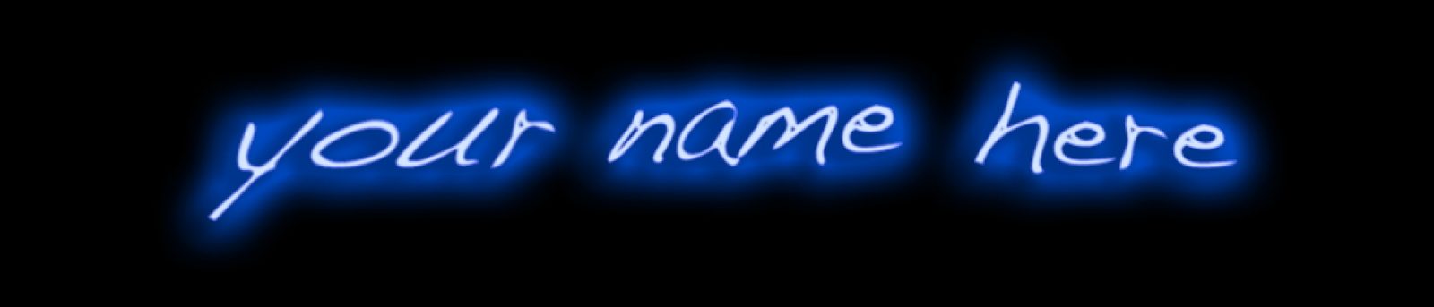 Text reading 'your name here' on a black background. The text is light blue with a blue glow surrounding it.