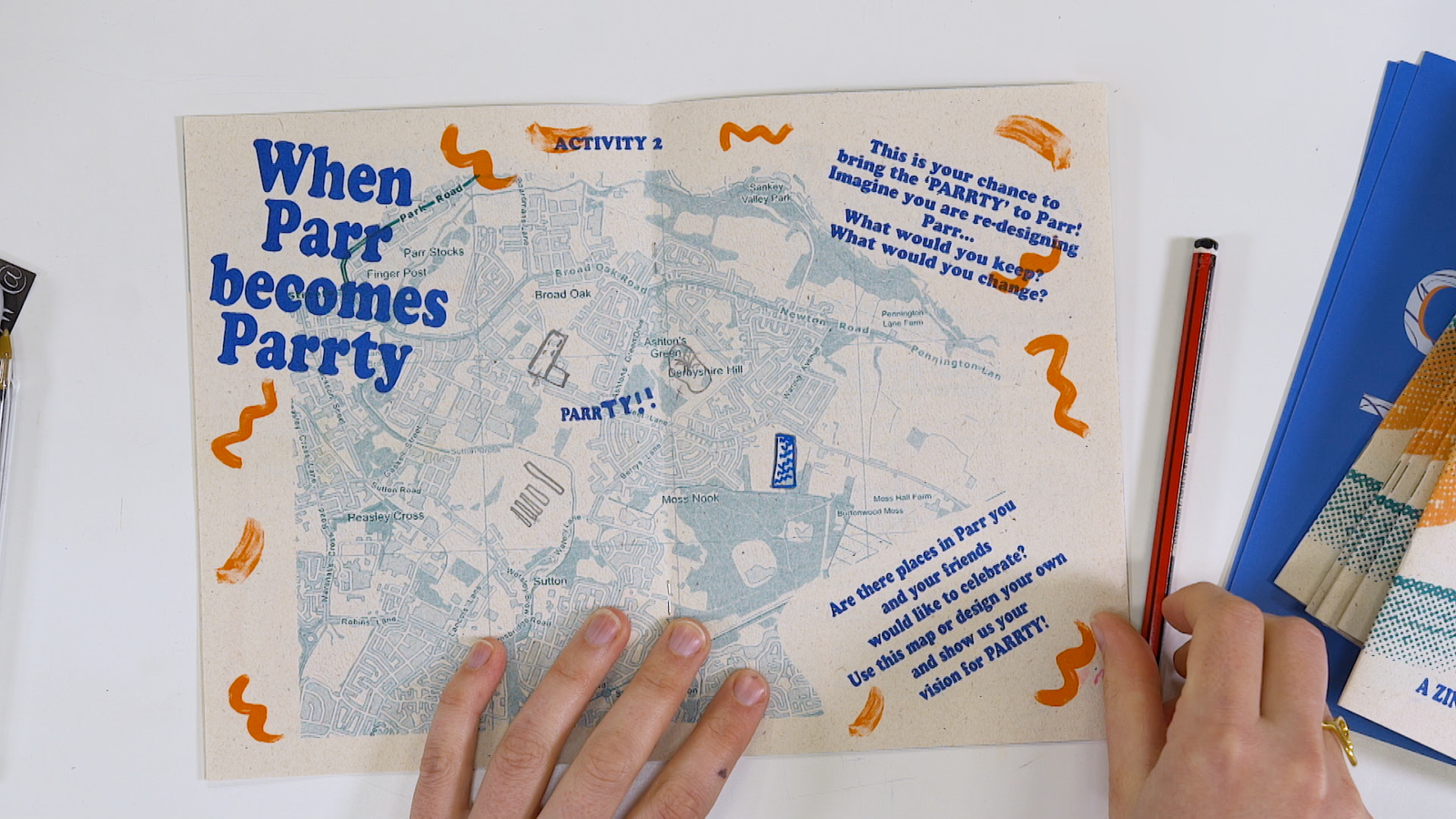 An open page spread of the Parrty Zine showing a map of the Parr area of St Helens.